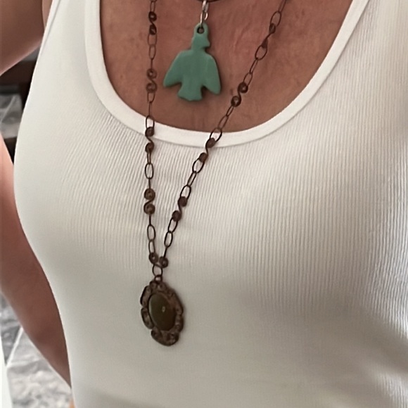Set of  2 Necklaces-Turquoise stone and carved resin Phenix Bird - Picture 2 of 10